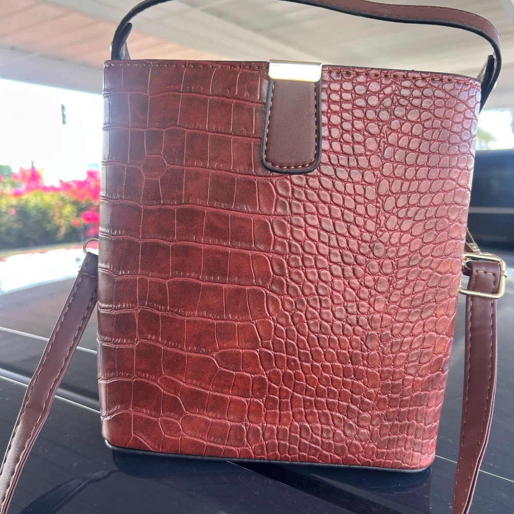 Croc-Embossed Bucket Crossbody Bag - Deep Burgundy/Brown